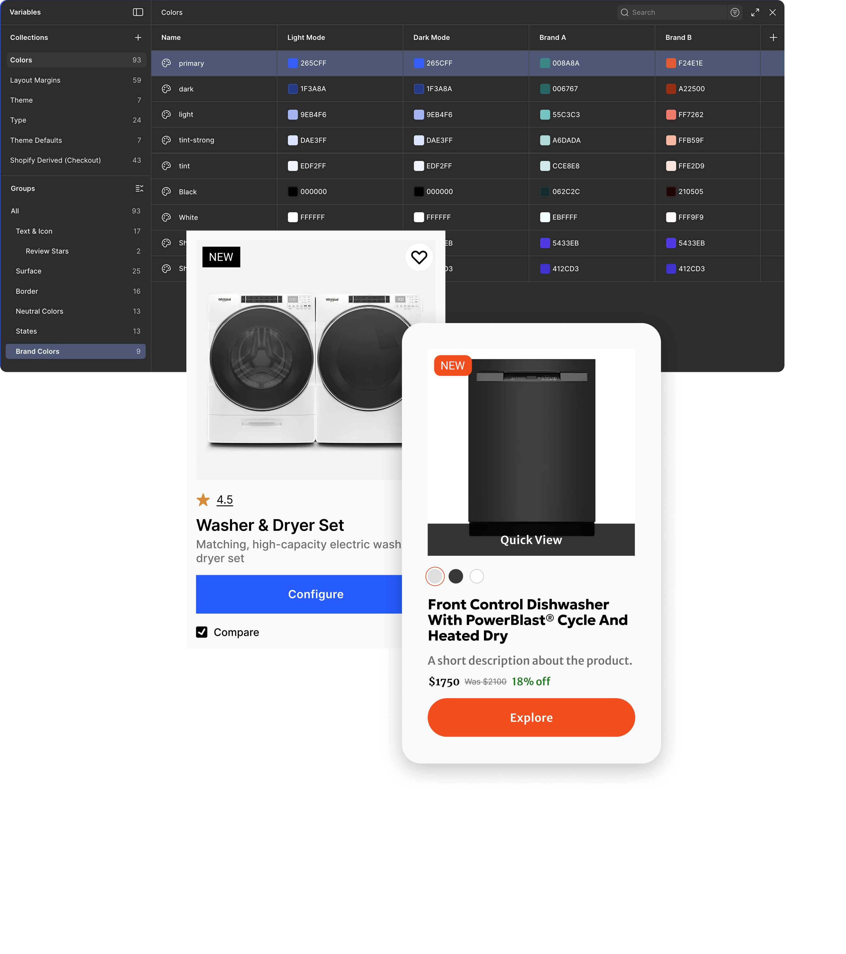 ShopFront variables panel with branded product cards